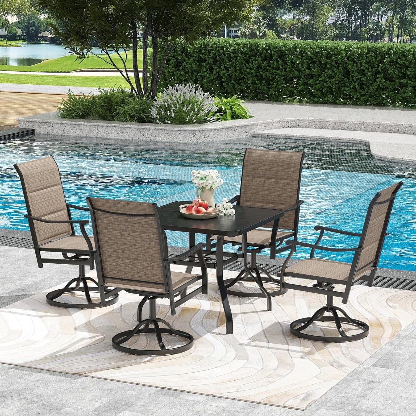 STARY Patio Dining Set for 4, 5 Piece Outdoor Table and Chairs Set, 4 x Outdoor Swivel Dining Chairs with Padded Textilene and 35 "x 35" Patio Table with 1.57 "Sunshade Hole for Poolside, Backyard