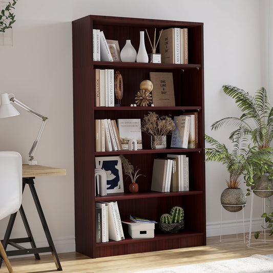 STARY 5-Tier Bookcase, Wooden Bookcase with Adjustable Shelves for Home, Office, Mahogany