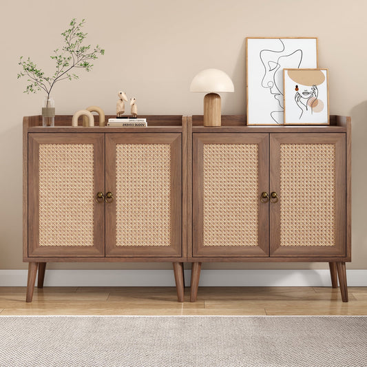 STARY 2 Pcs Sideboard Buffet Bar Cabinets with Rattan Decorated Doors (Vintage)