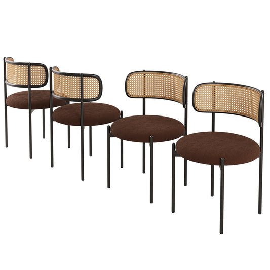 STARY Upholstered Dining Chair Set of 4, Rattan Backrest Kitchen Chair, Coffee