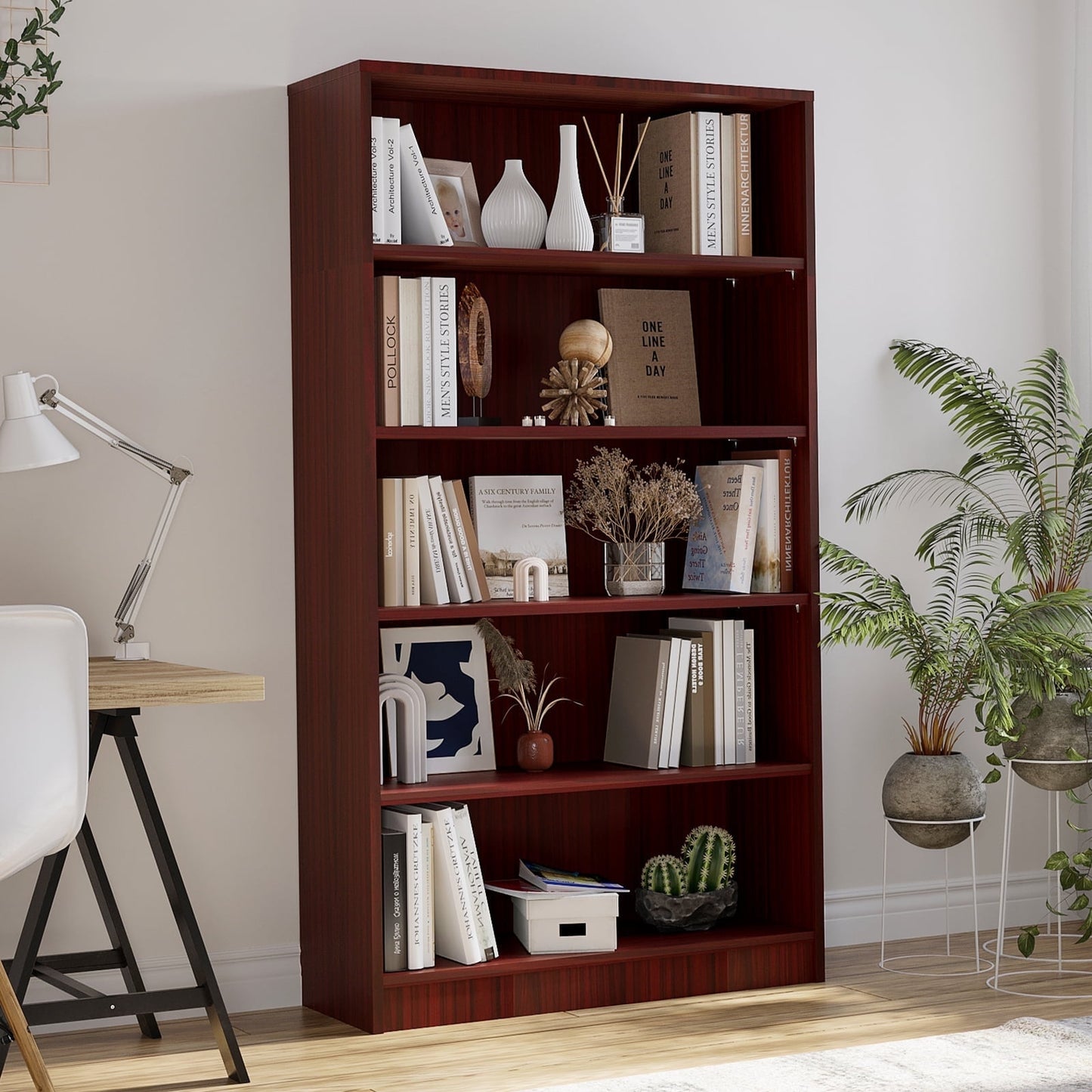 STARY 5-Tier Bookcase, Wooden Bookcase with Adjustable Shelves for Home, Office, Cherry