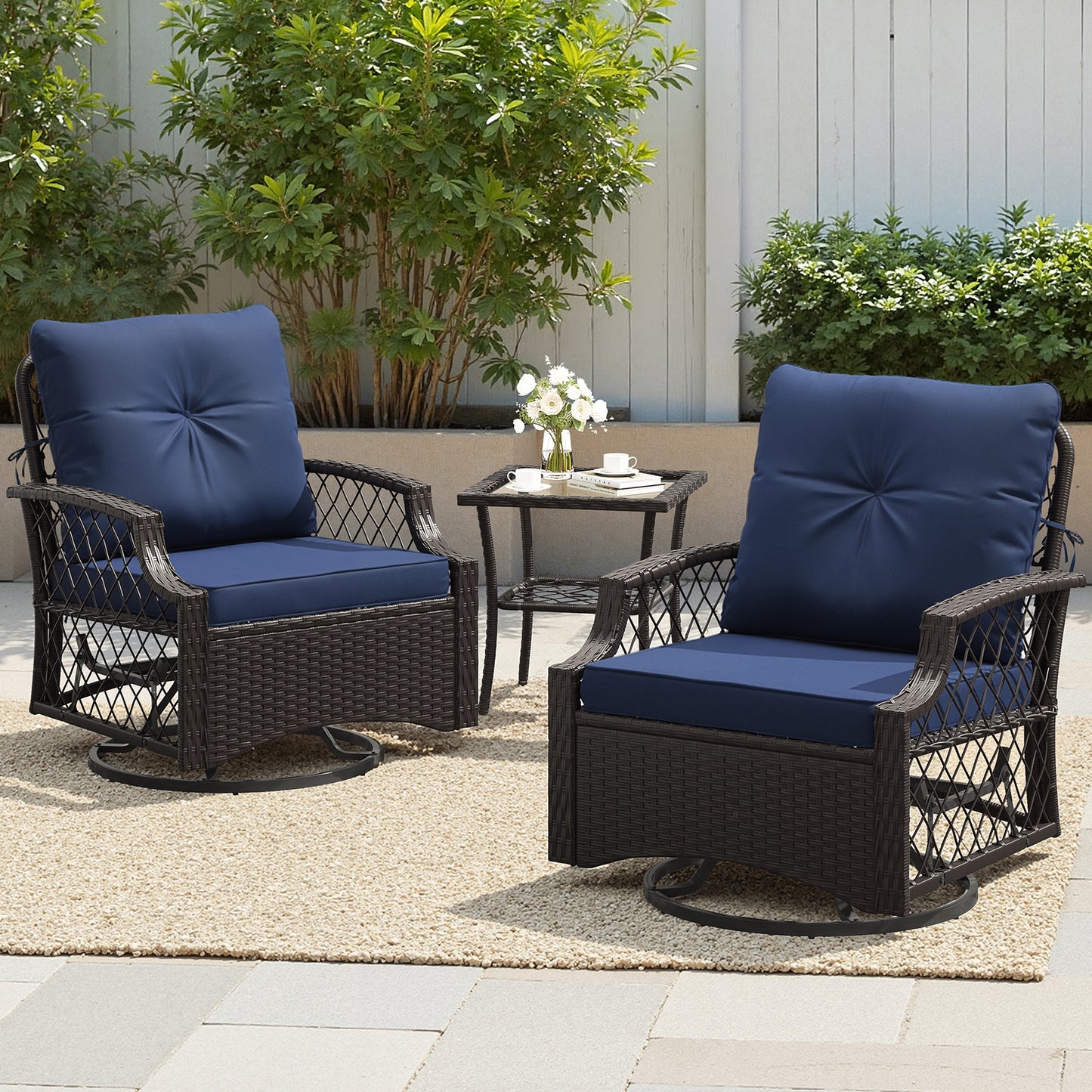 STARY Outdoor Swivel Rocker Chairs with Coffee Table, 3 Pieces Wicker Patio Furniture Set, Rattan Outdoor Bistro Set for Backyard, Blue