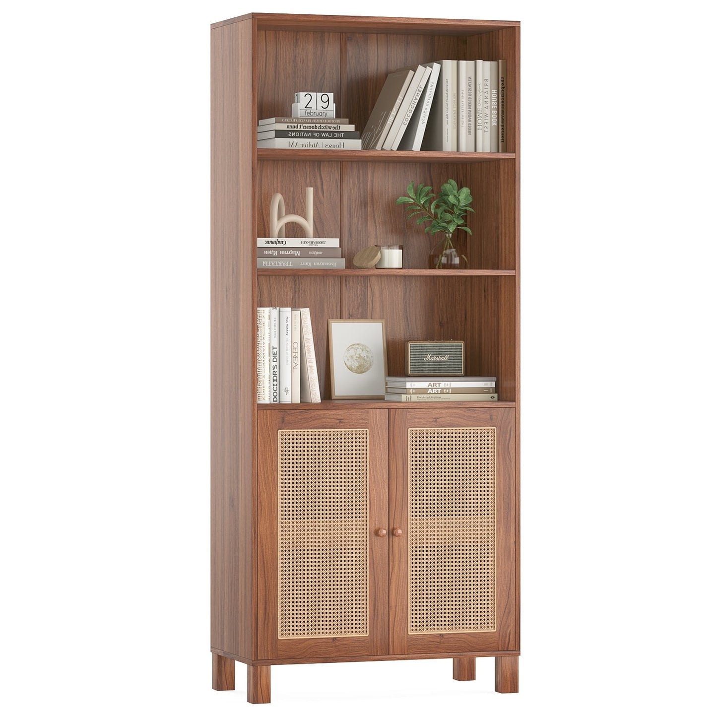 STARY Tall 5 Tier Bookcase, Storage Shelf with Rattan Doors for Living Room, Office, Library, Nature