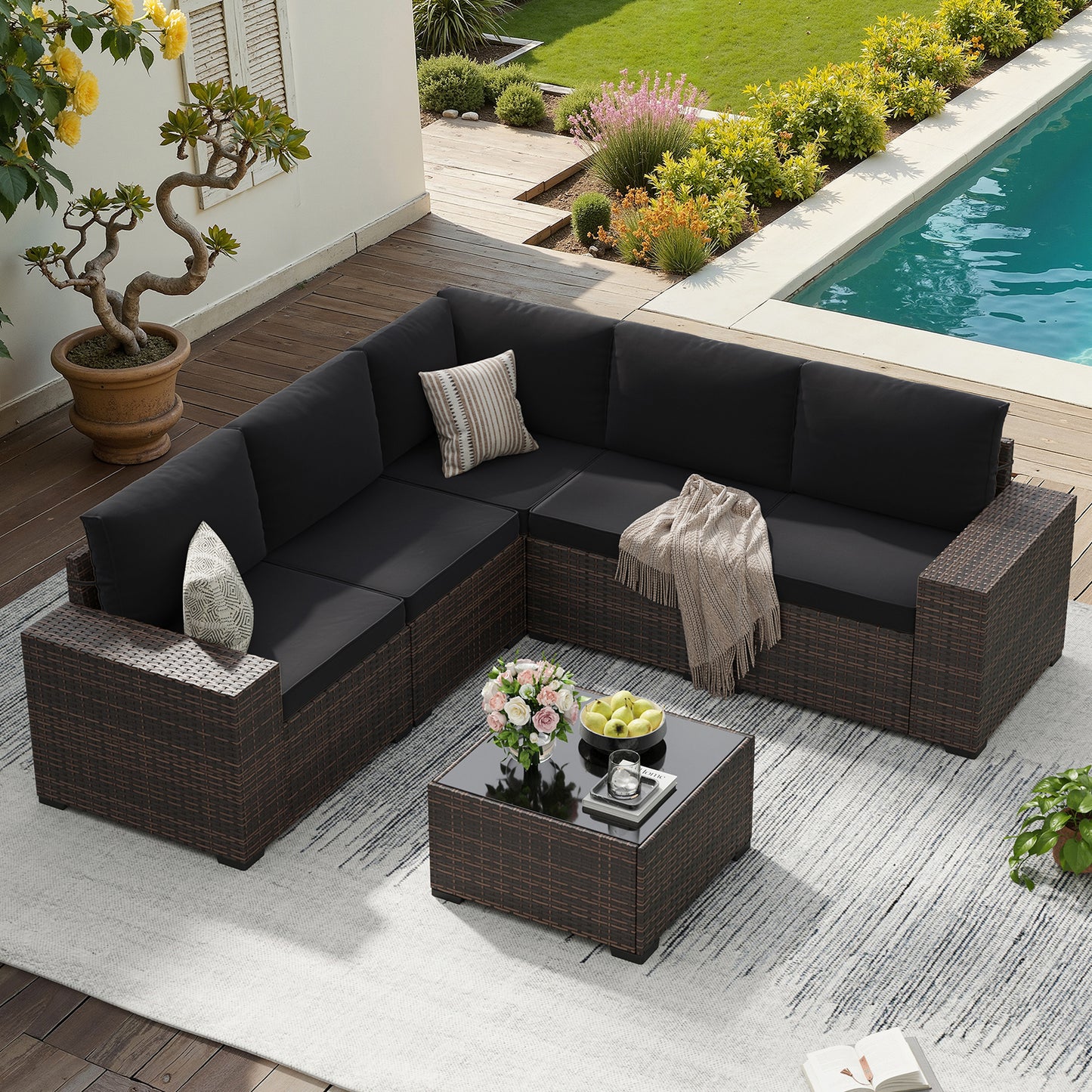 STARY 6 Pieces Outdoor Sectional Sofa with Wide Armrests, Patio Conversation Set, PE Rattan Furniture Set for Backyard, Black