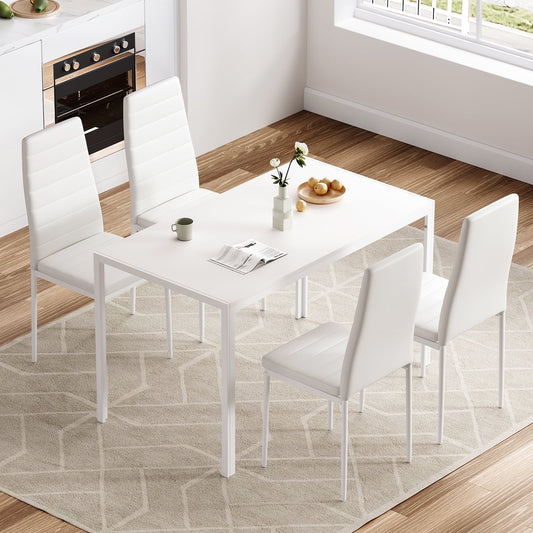 STARY 5-Piece Dining Table Set for Dining Room, 4 PU Upholstered Chairs and 1 Table, White