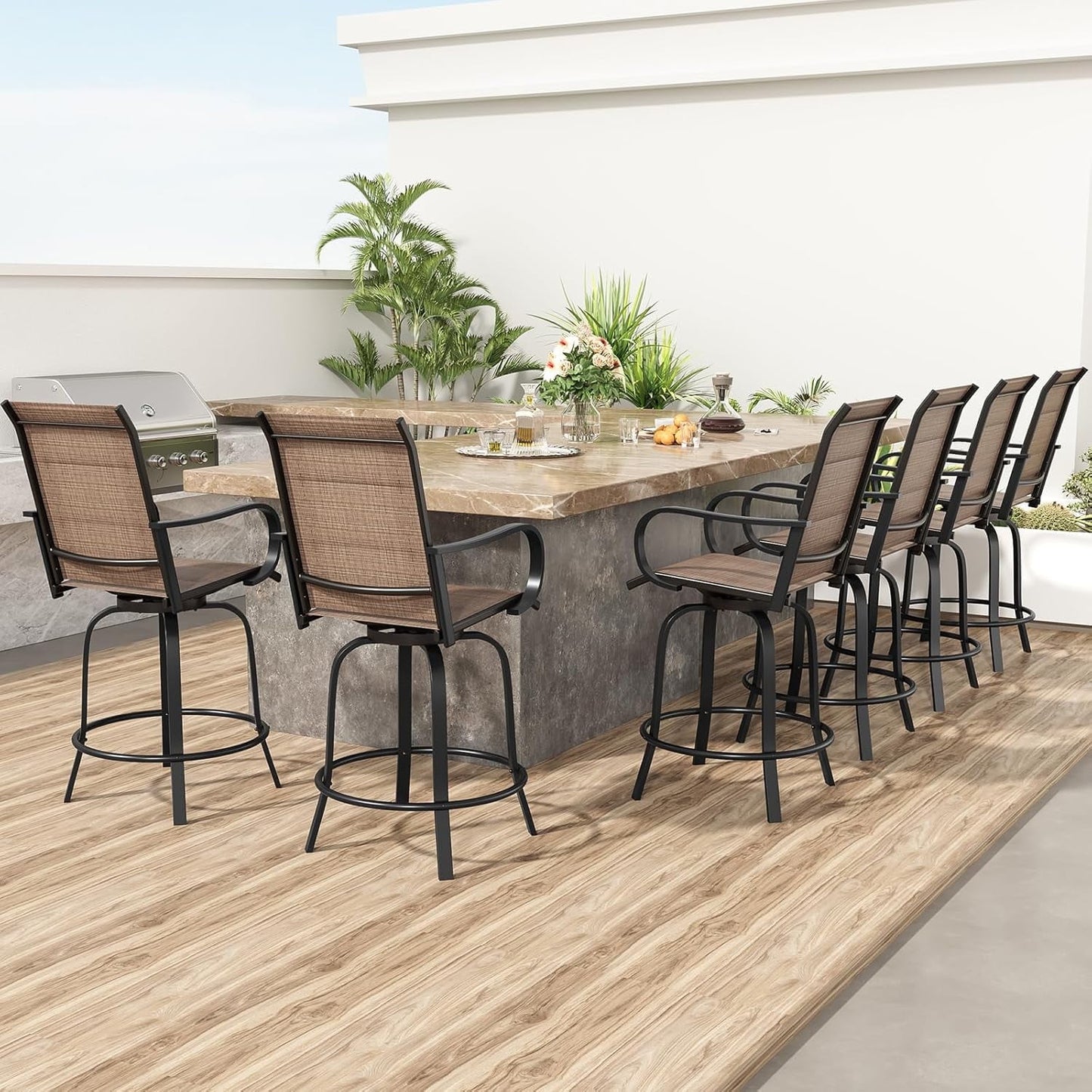STARY Outdoor Bar Stools Set of 6, Swivel Patio Barstools with Padded Cotton,Ergonomic Comfort Bar Height Tall Outdoor Stools for Balcony,Brown