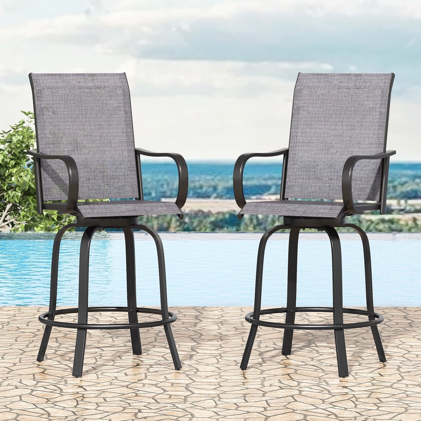STARY Outdoor Bar Stools Set of 2, Swivel Patio Barstools with Textile Fabric,Ergonomic Comfort Bar Height Tall Outdoor Stools for Balcony,Dark Grey