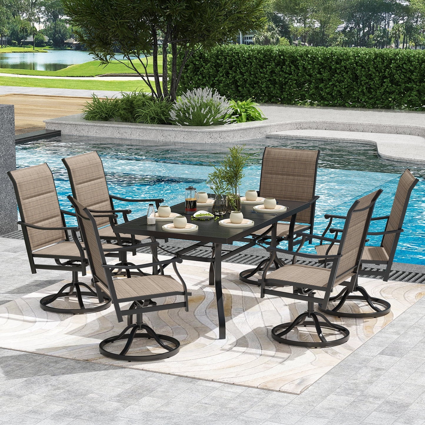 STARY Patio Dining Set for 6, 7 Piece Outdoor Dining Table and Chairs Set, 4 x Outdoor Swivel Chairs with Padded Textilene and 60 "x 35" Patio Table with 1.57 "Sunshade Hole for Poolside, Backyard