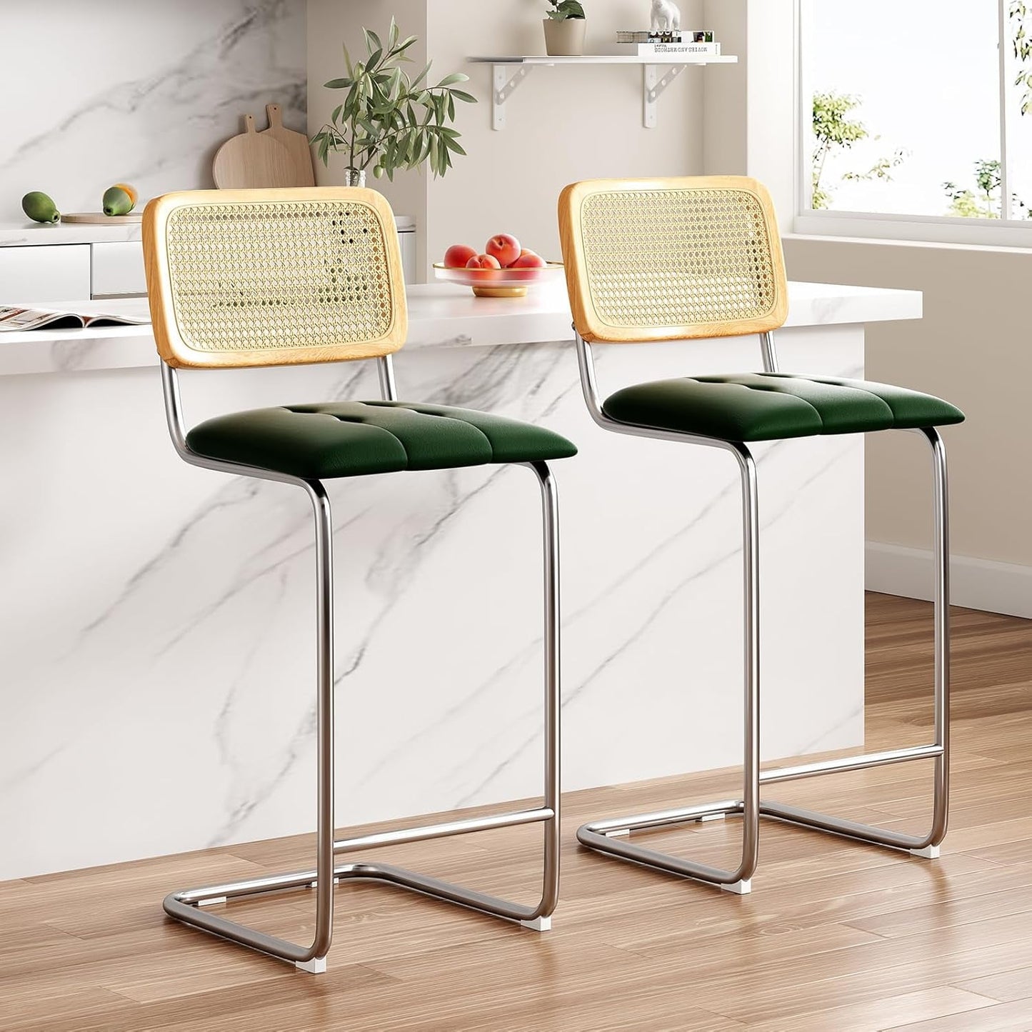 STARY Counter Height Bar Stools Set of 2, Upholstered PU Leather Barstools with Rattan Back, 30 inch Stools Armless Bar Chairs for Kitchen Island(Green)