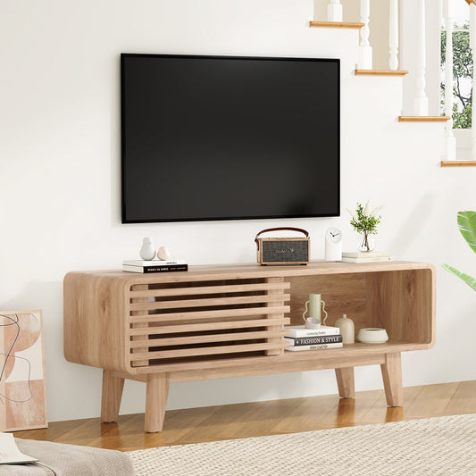 STARY TV Stand for TV up to 59", Entertainment Center with Storage and Sliding Door, Nature