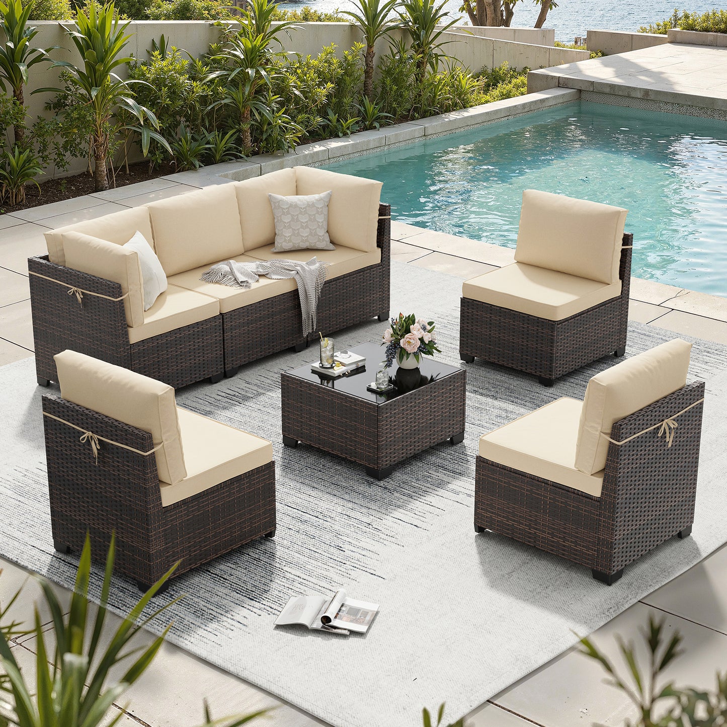 STARY 7 Pieces Outdoor Conversation Set, Patio Sectional PE Rattan Furniture Set for Backyard, Cream