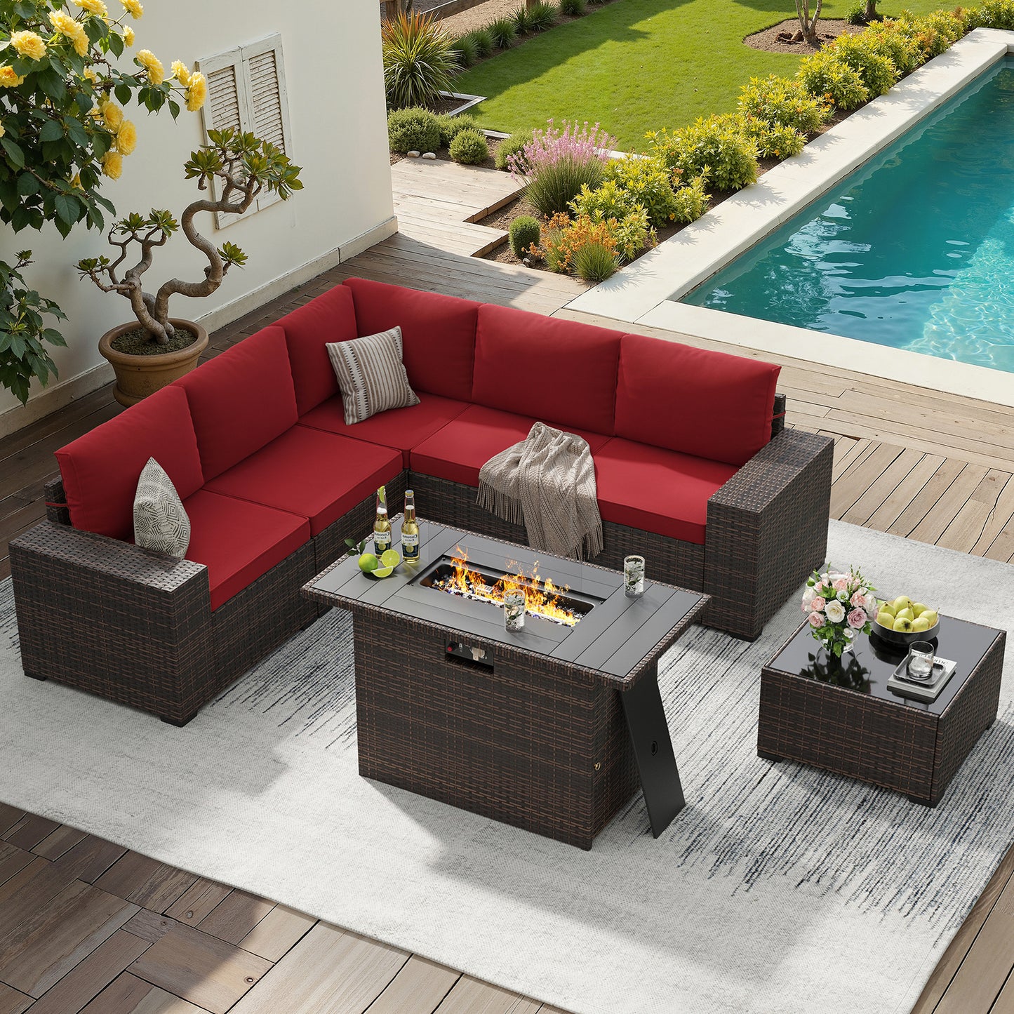 STARY 7 Pieces Outdoor Conversation Set With Fire Pit Table, Wide Armrests Outdoor Modular Wicker Furniture Set, Red
