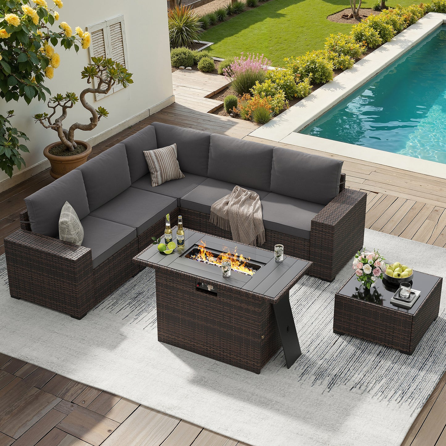 STARY 7 Pieces Outdoor Conversation Set With Fire Pit Table, Wide Armrests Outdoor Modular Wicker Furniture Set, Grey