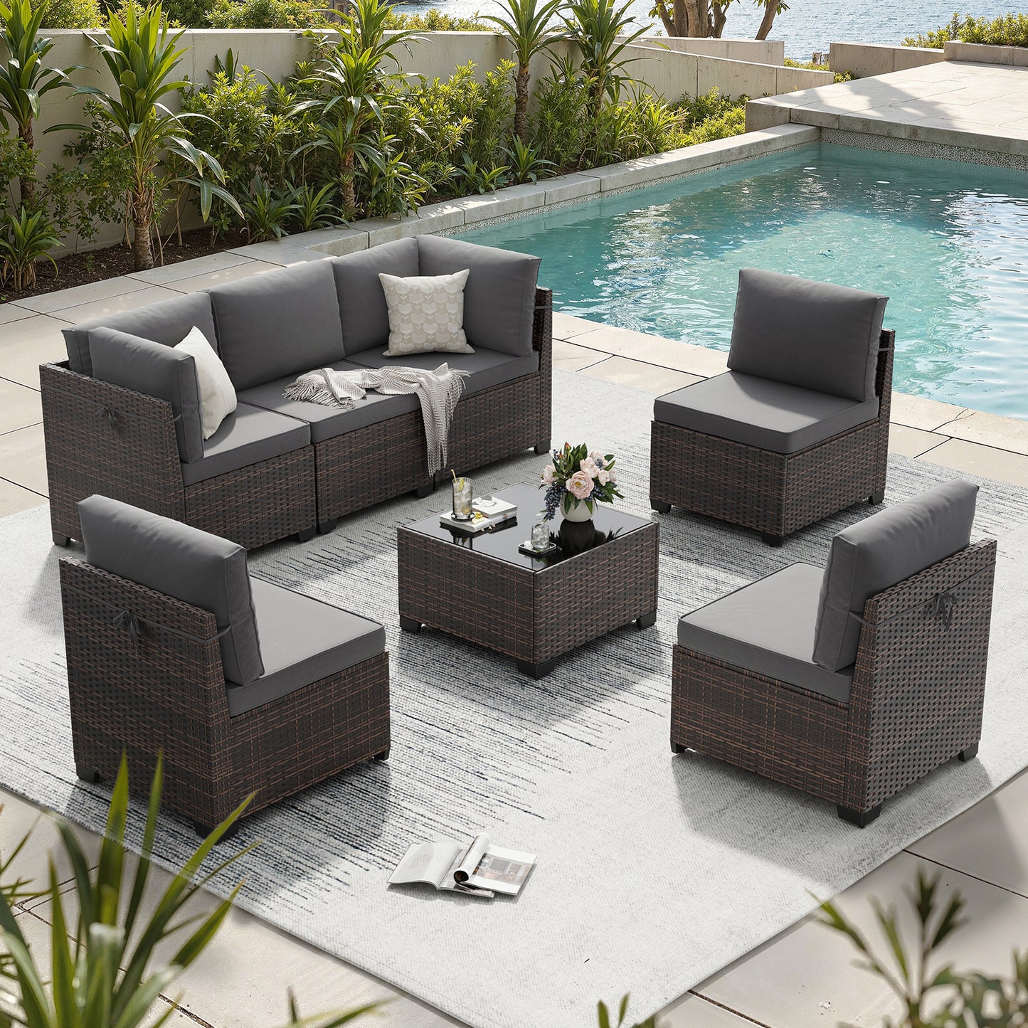 STARY 7 Pieces Outdoor Conversation Set, Patio Sectional PE Rattan Furniture Set for Backyard, Grey
