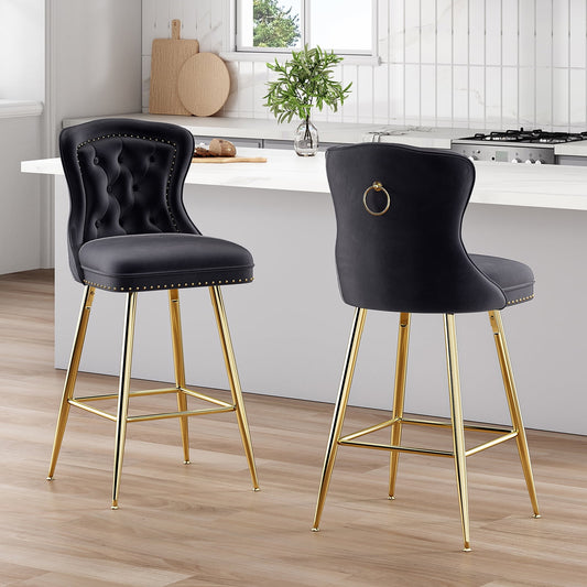 STARY Bar Stools Set of 2, Velvet Counter Height Stools with Metal Legs for Kitchen, Dining Rooms, Pubs (Black, 26")
