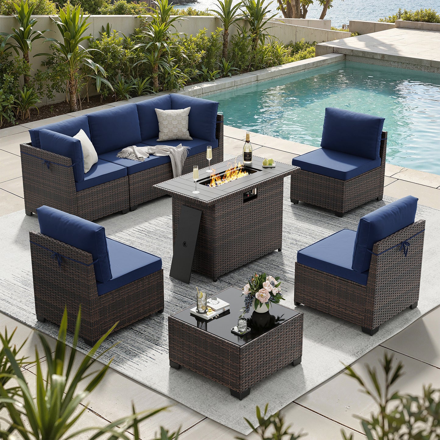 STARY 8 Pieces Outdoor Furniture Set with Fire Pit Table, Wicker Patio Sectional Sofas, All-Weather Outdoor Conversation Set for Garden, Blue
