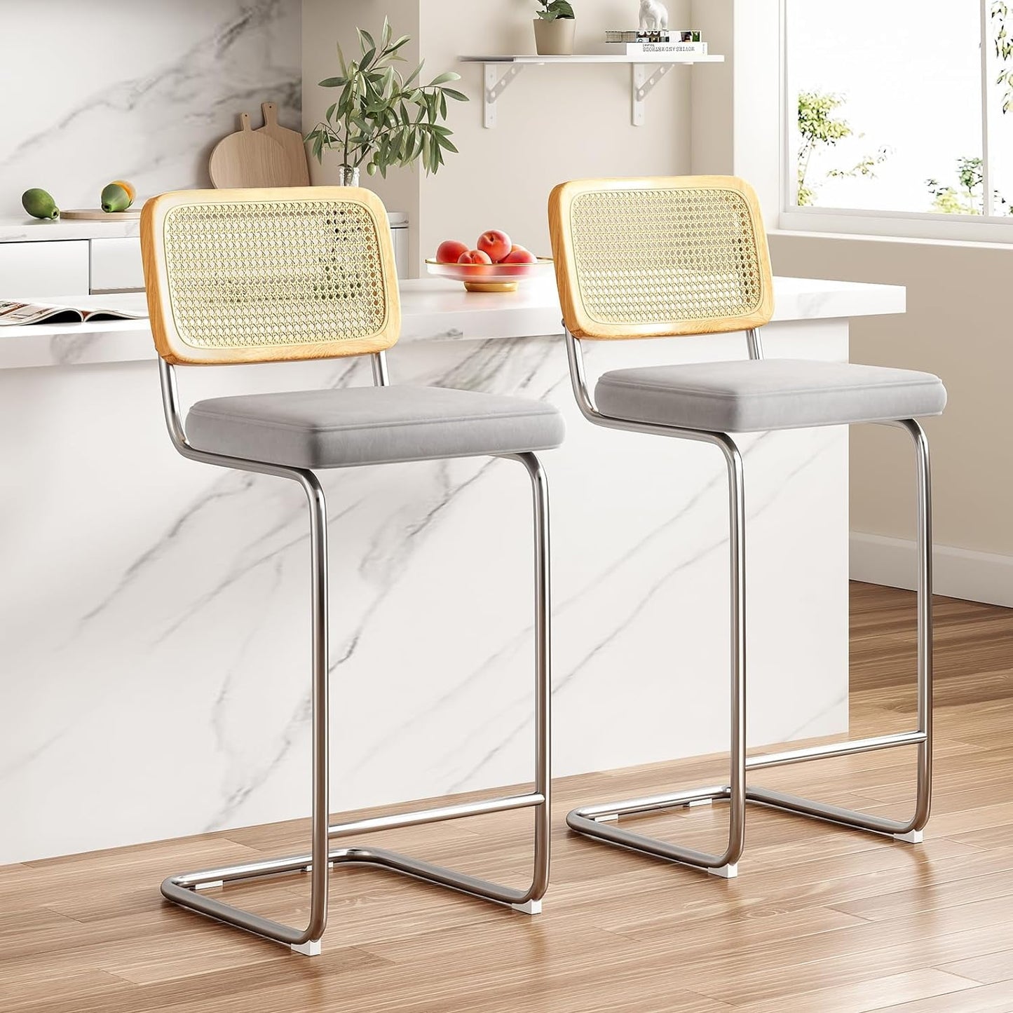 STARY Counter Height Bar Stools Set of 2, Upholstered Velvet Barstools with Rattan Back, 30 inch Height Stools Armless Bar Chairs for Kitchen Island(Light Grey)