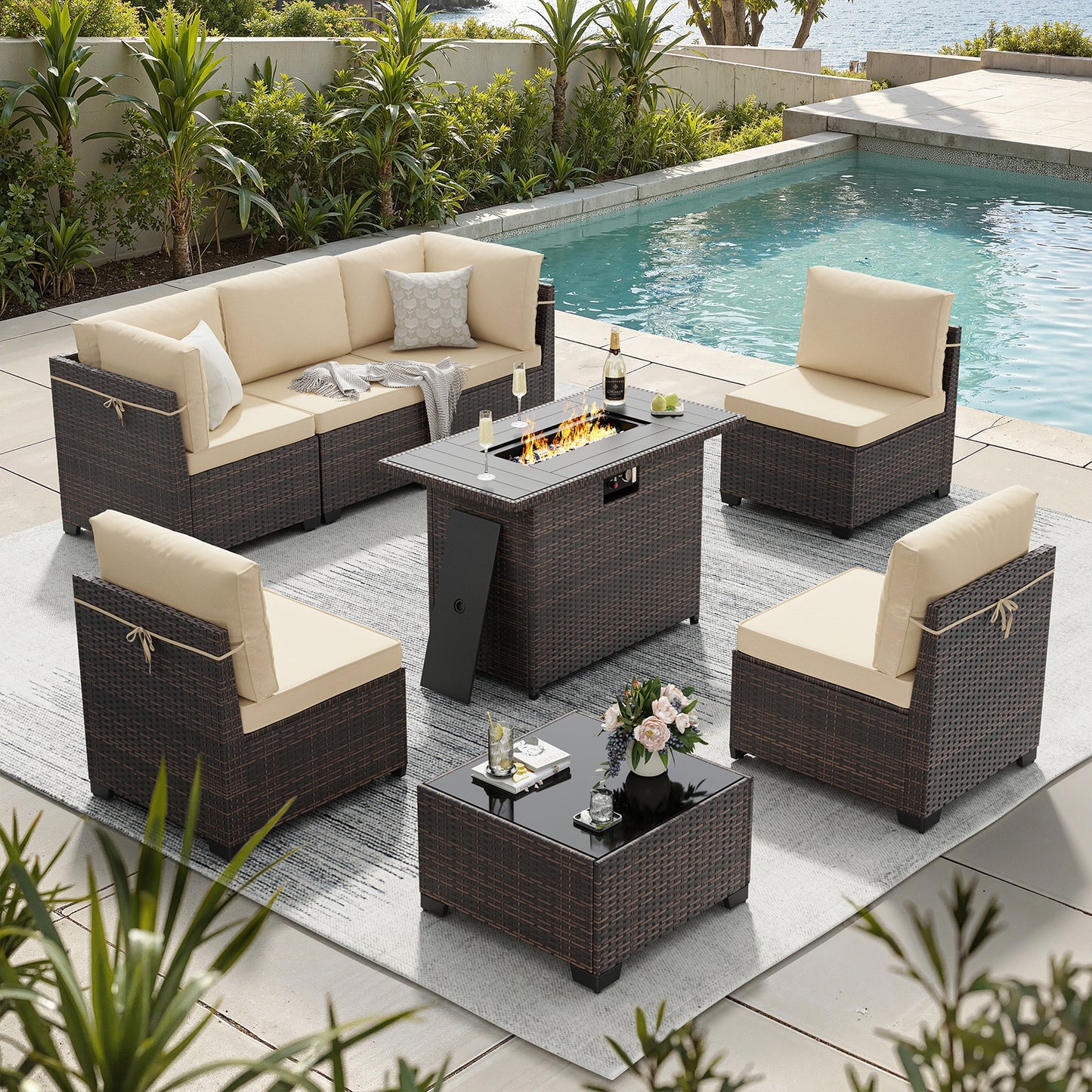 STARY 8 Pieces Outdoor Furniture Set with Fire Pit Table, Wicker Patio Sectional Sofas, All-Weather Outdoor Conversation Set for Garden, Cream