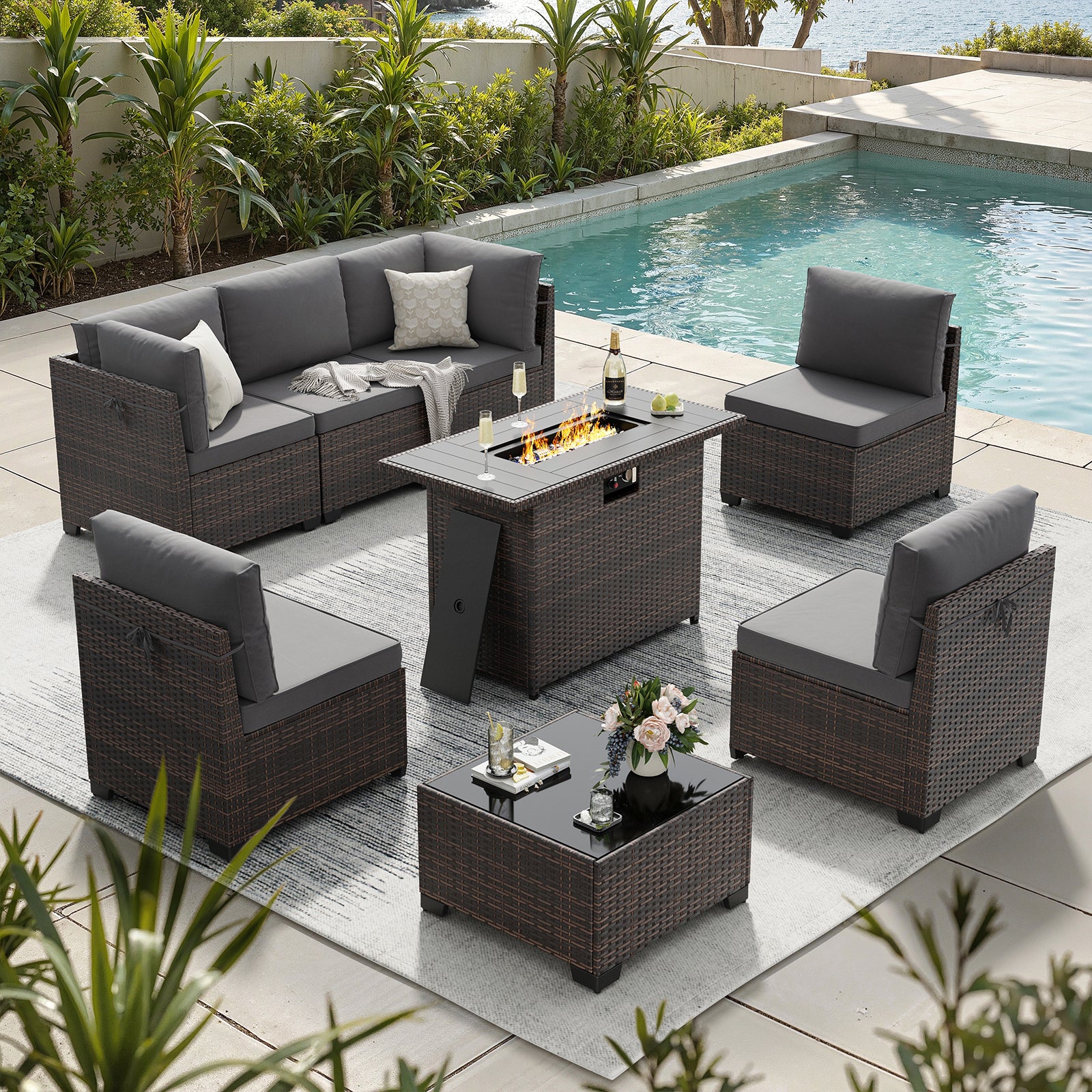 STARY 8 Pieces Outdoor Furniture Set with Fire Pit Table, Wicker Patio