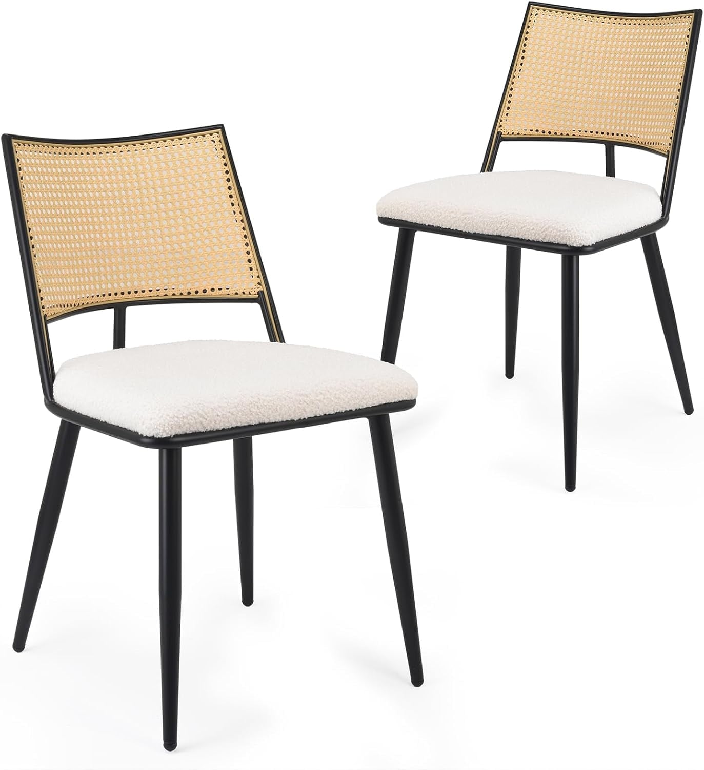 STARY Dining Chairs Set of 2, Mid-Century Modern Kitchen Chairs with Rattan Backrest & Metal Frame, Boucle Upholstered Accent Chairs for Dining Room, Kitchen, Living Room, White