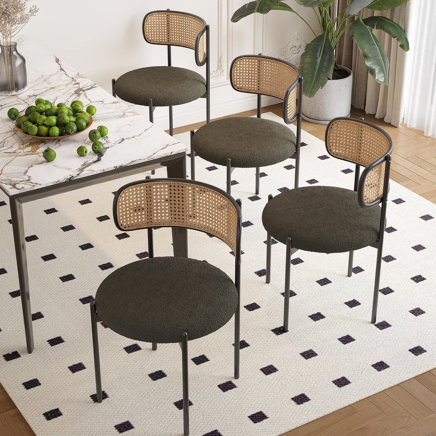 STARY Set of 4 Upholstered Dining Chairs Kitchen Chair with Rattan Backrest, Green