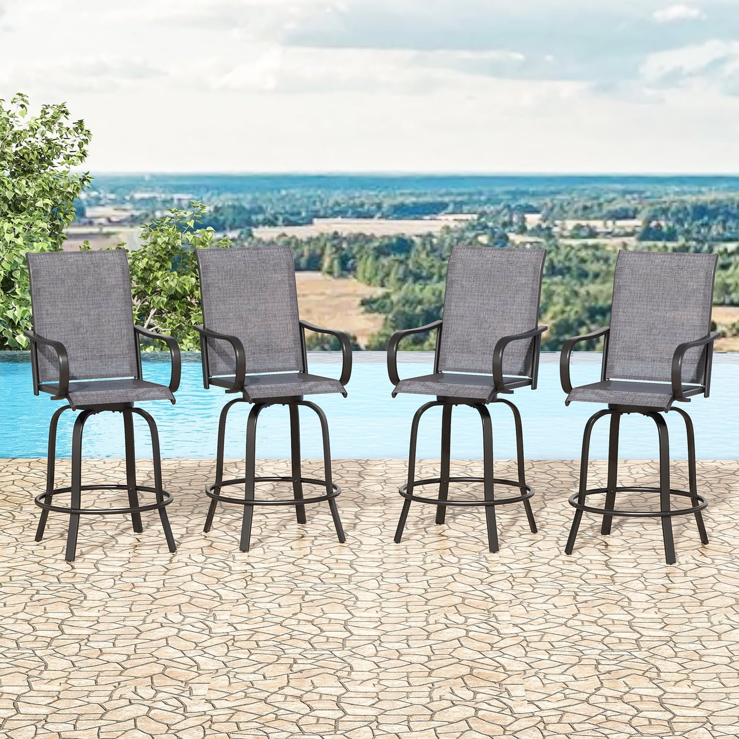 STARY Outdoor Bar Stools Set of 4, Swivel Patio Barstools with Textile Fabric,Ergonomic Comfort Bar Height Tall Outdoor Stools for Balcony,Dark Grey