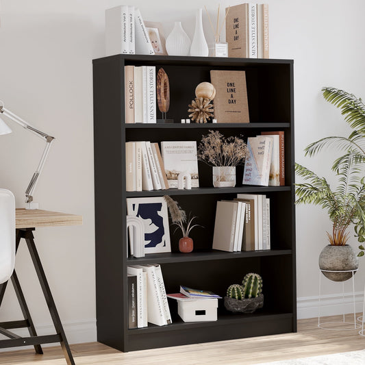 STARY 4-Tier Bookcase, Wooden Bookcase with Adjustable Shelves for Home, Office, Black