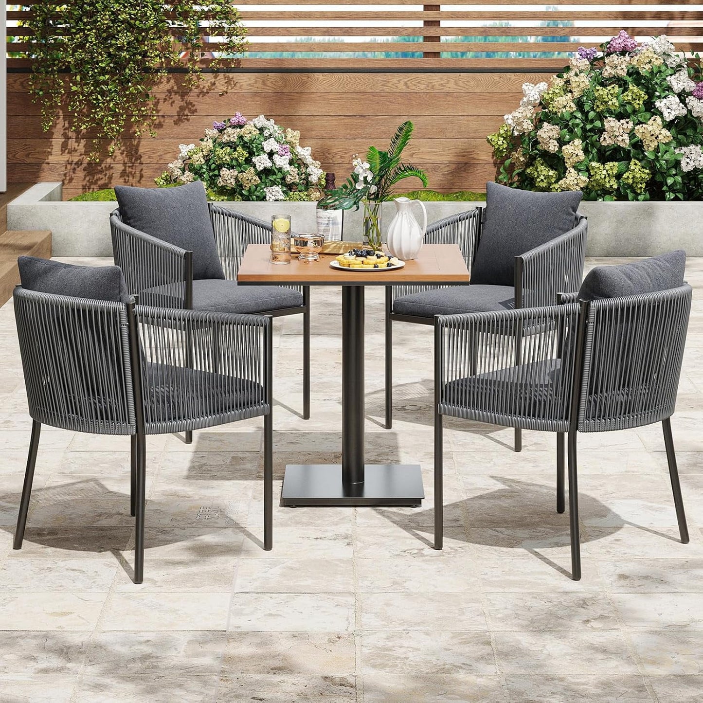 STARY 5 Pieces Outdoor Dining Bistro Set, Patio Table and Chairs Set with 4 Rattan Wicker Patio Chairs and 1 Outdoor Table for Lawn, Deck Backyard, Poolside