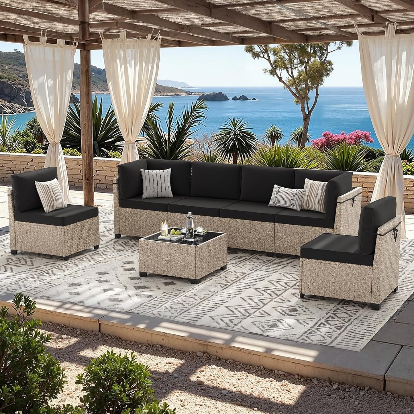 STARY 7 Pieces Rattan Outdoor Conversation Set, Patio Sectional Furniture Set with Glass Coffee Table, Black