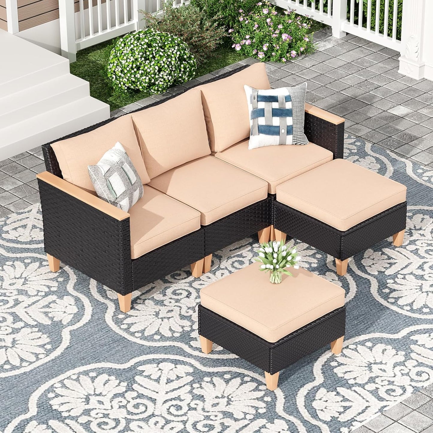 STARY Outdoor Furniture Set, 5 Piece Patio Sectional Furniture Set with Cushions, PE Outdoor Wicker Conversation Set Sectional Patio Sofa, All-Weather Rattan Sofa for Backyard, Garden, and Poolside