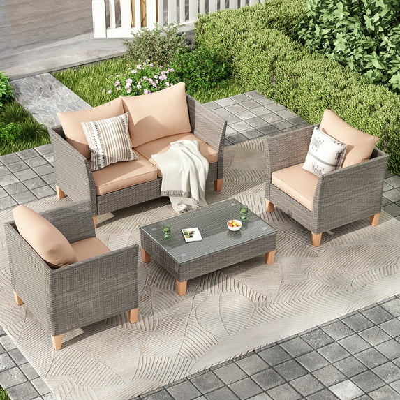 STARY Outdoor Wicker conversation sets, 4 Pieces Patio Furniture Sofa Set with Coffee Table, All Weather for Garden, Backyard, Balcony (Dark Gray)