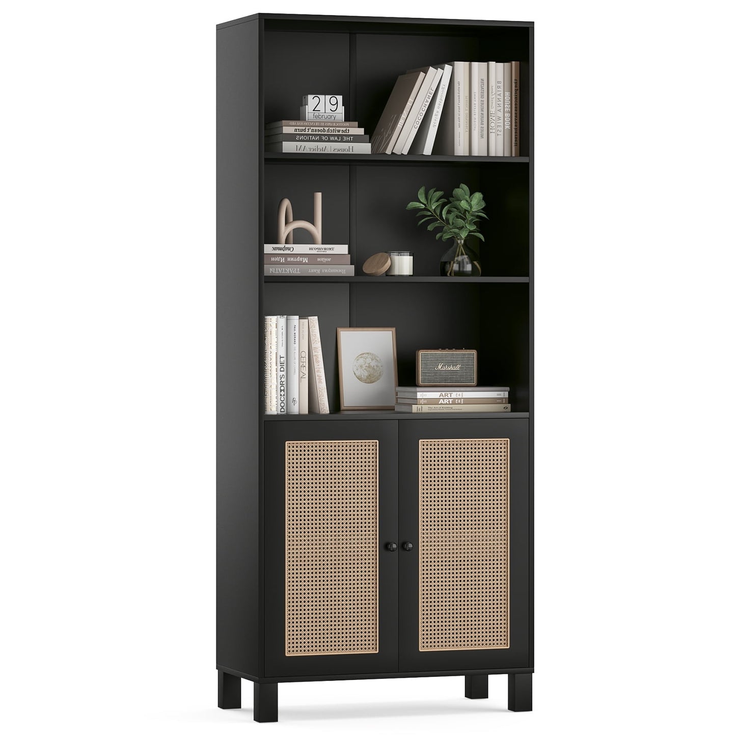 STARY Tall 5 Tier Bookcase, Storage Shelf with Rattan Doors for Living Room, Office, Library, Black