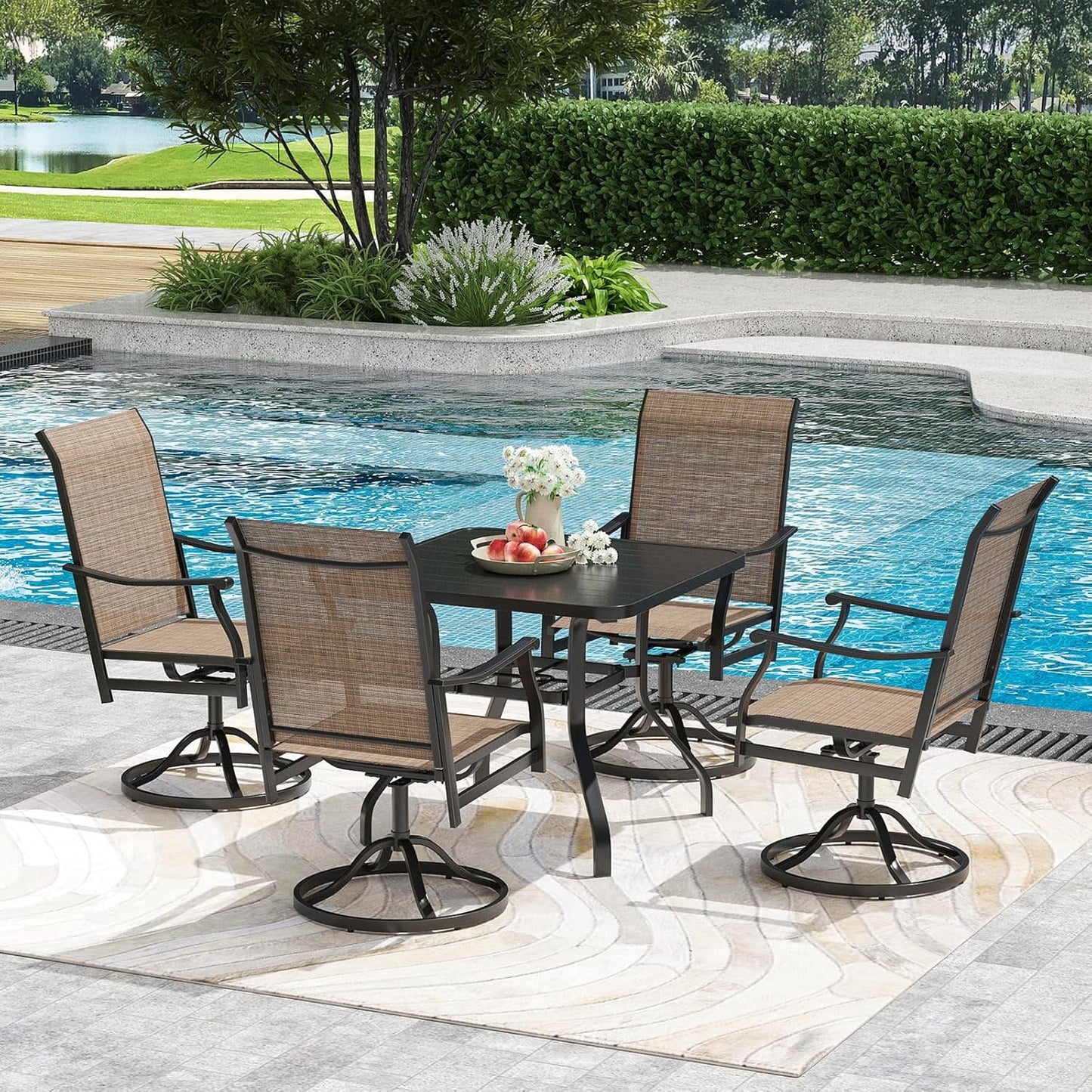 STARY Outdoor Dining Set for 4, 5 Piece Patio Table and Chair Set, 4 x Swivel Patio Chairs with Textilene Fabric and 35"x35" Outdoor Dining Table with 1.57" Sunshade Hole by the Pool, Backyard