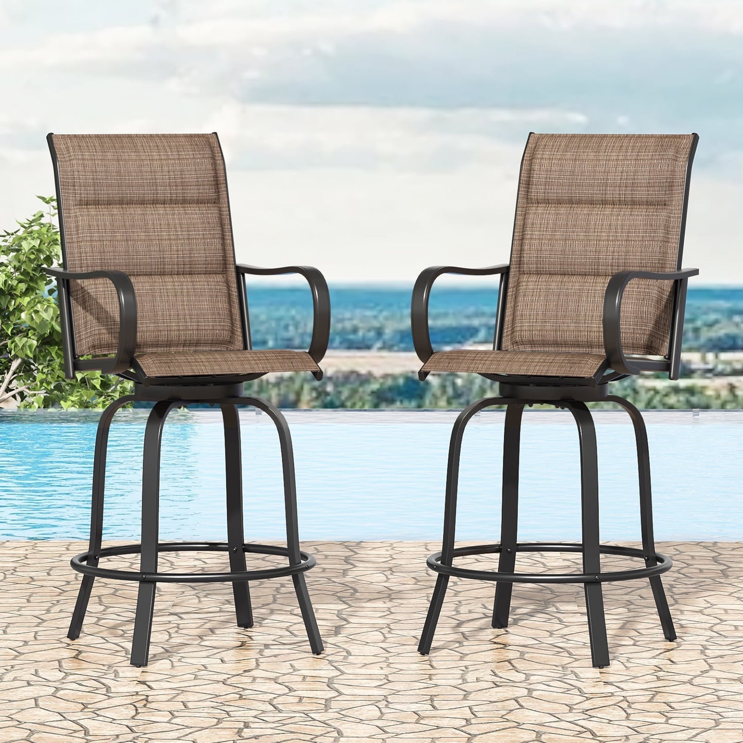 STARY Outdoor Bar Stools Set of 2, Swivel Patio Barstools with Padded Cotton,Ergonomic Comfort Bar Height Tall Outdoor Stools for Balcony,Brown