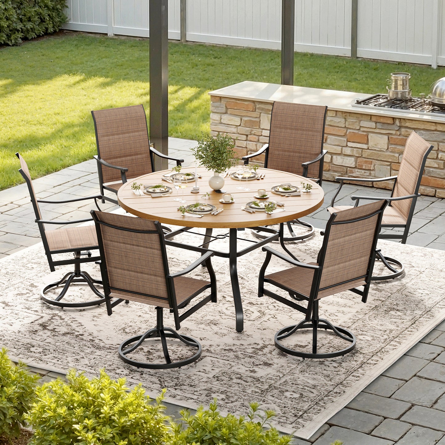 STARY 7 Pieces Outdoor Dining Set with 1.57" Umbrella Hole, Patio Swivel Dining Textilene Chairs and 47.2" Iron Round Table for 6 People, Poolside