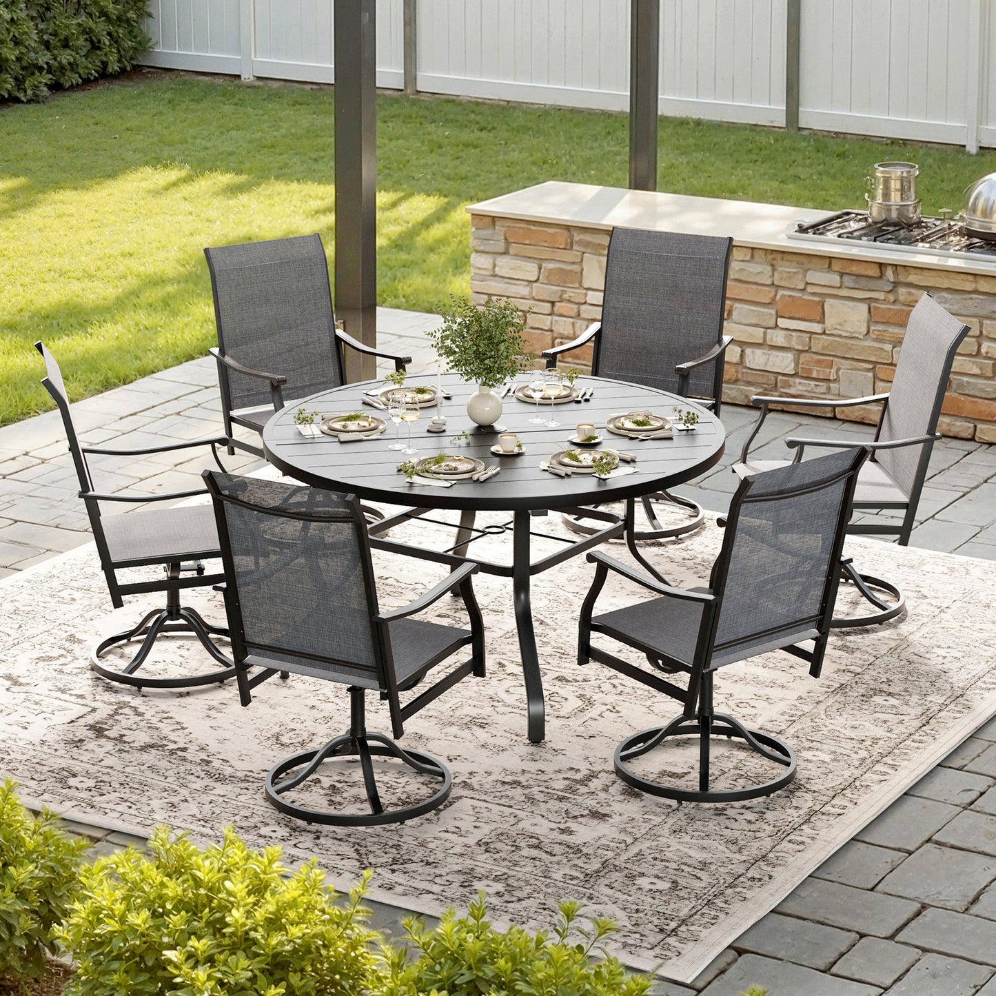 STARY 7 Pieces Outdoor Dining Set with 1.57" Umbrella Hole, Patio Swivel Dining Textilene Chairs and 47.2" Iron Round Table for 6 People, Garden