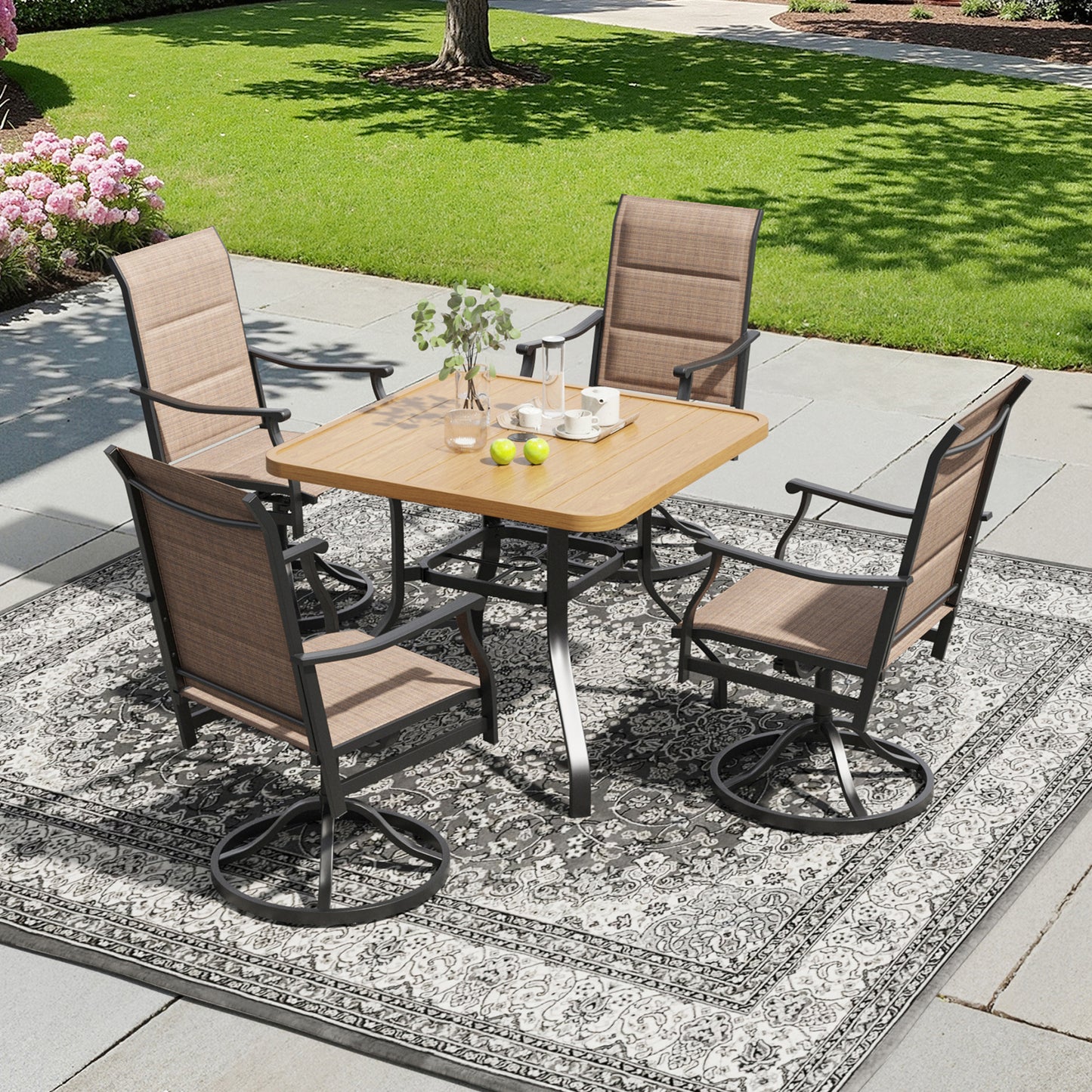 STARY 5 Pieces Outdoor Dining Set with 1.57" Umbrella Hole, Patio Swivel Dining Textilene Chairs and 35"x35" Iron Square Table for 4 People, Poolside