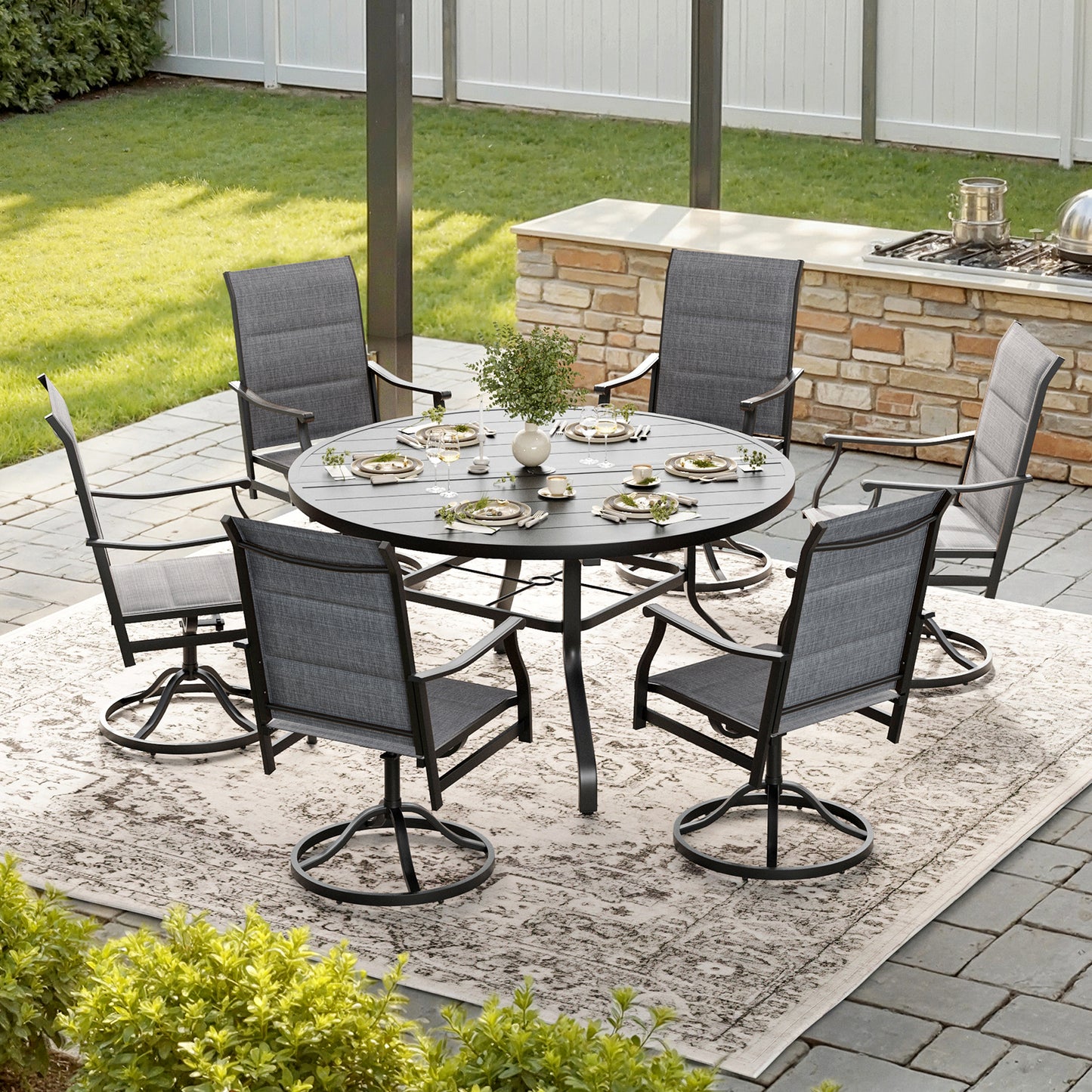STARY 7 Pieces Outdoor Dining Set with 1.57" Umbrella Hole, Patio Swivel Dining Textilene Chairs and 47.2" Iron Round Table for 6 People, Balcony