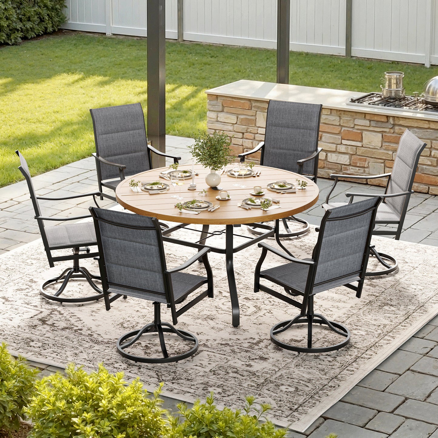 STARY 7 Pieces Outdoor Dining Set with 1.57" Umbrella Hole, Patio Swivel Dining Textilene Chairs and 47.2" Iron Round Table for 6 People, Balcony
