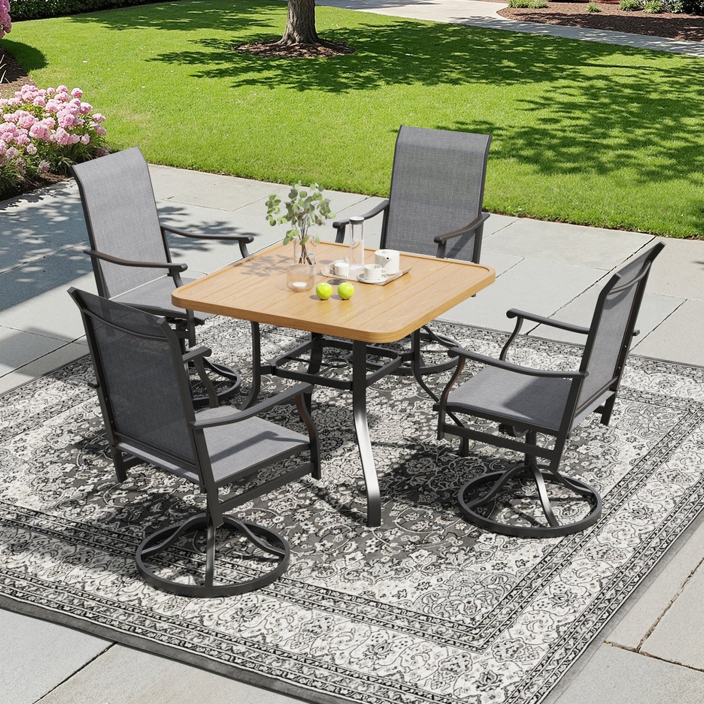 STARY 5 Pieces Outdoor Dining Set with 1.57" Umbrella Hole, Patio Swivel Dining Textilene Chairs and 35"x35" Iron Square Table for 4 People, Garden