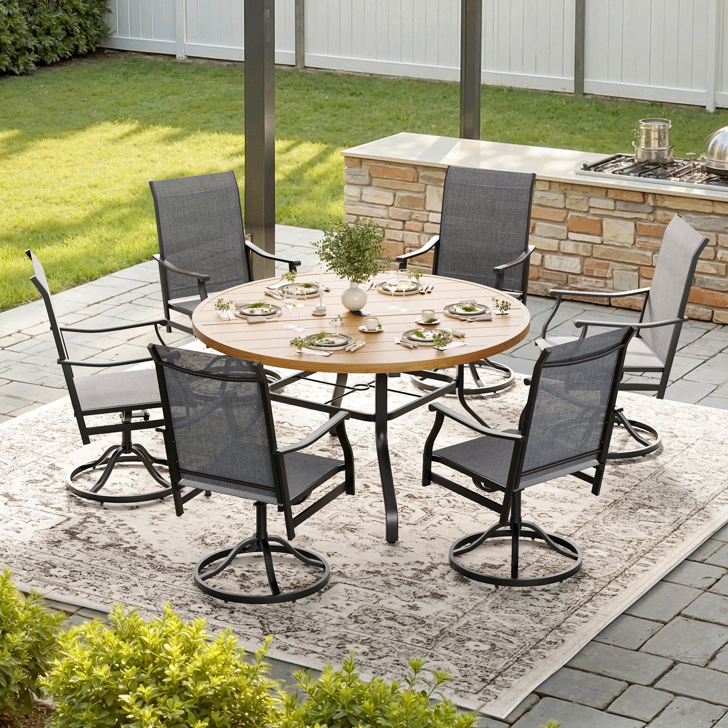 STARY 7 Pieces Outdoor Dining Set with 1.57" Umbrella Hole, Patio Swivel Dining Textilene Chairs and 47.2" Iron Round Table for 6 People, Garden