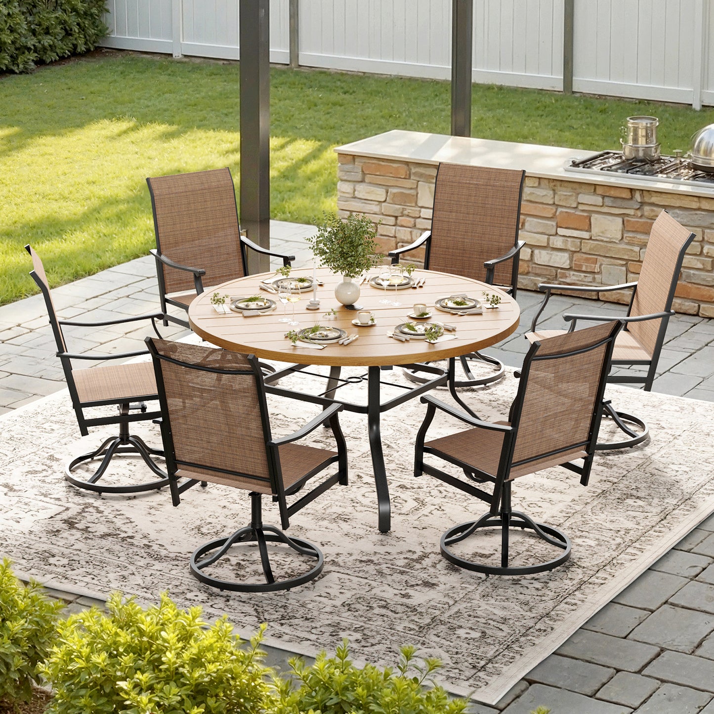 STARY 7 Pieces Outdoor Dining Set with 1.57" Umbrella Hole, Patio Swivel Dining Textilene Chairs and 47.2" Iron Round Table for 6 People, Backyard