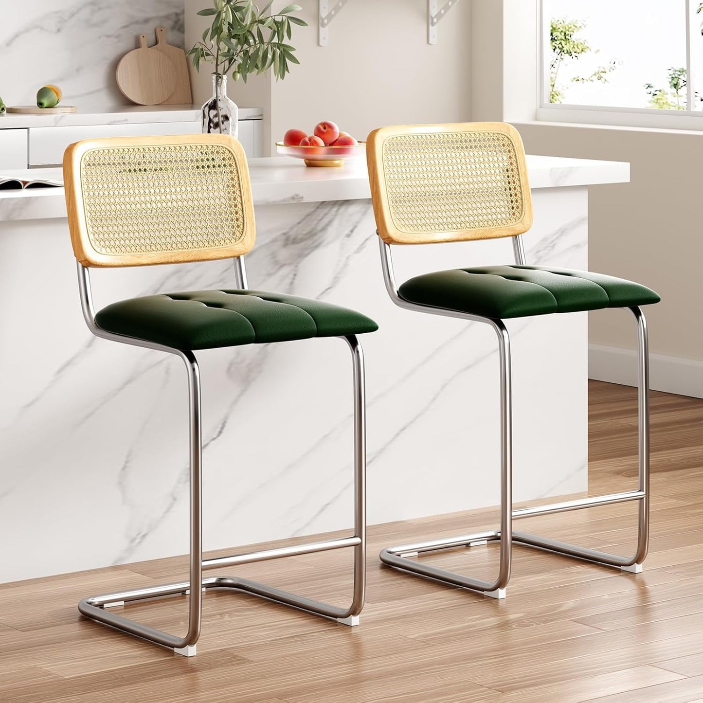 STARY STARY Counter Height Bar Stools Set of 2, Upholstered PU Leather Barstools with Rattan Back, 26 inch Stools Armless Bar Chairs for Kitchen Island(Green)