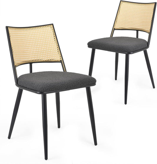 STARY Dining Chairs Set of 2, Mid-Century Modern Kitchen Chairs with Rattan Backrest & Metal Frame, Boucle Upholstered Accent Chairs for Dining Room, Kitchen, Living Room, Dark Grey