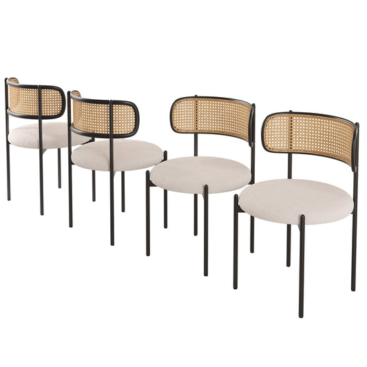 STARY Set of 4 Upholstered Dining Chairs Kitchen Chair with Rattan Back, Beige