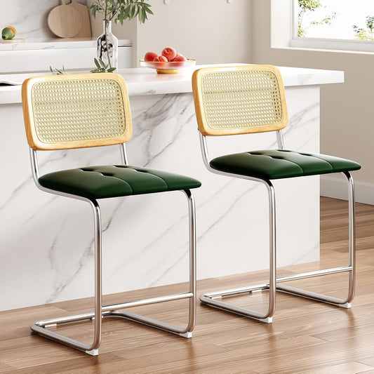 STARY Counter Height Bar Stools Set of 2, Upholstered PU Leather Barstools with Rattan Back, 24 inch Stools Armless Bar Chairs for Kitchen Island(Green)