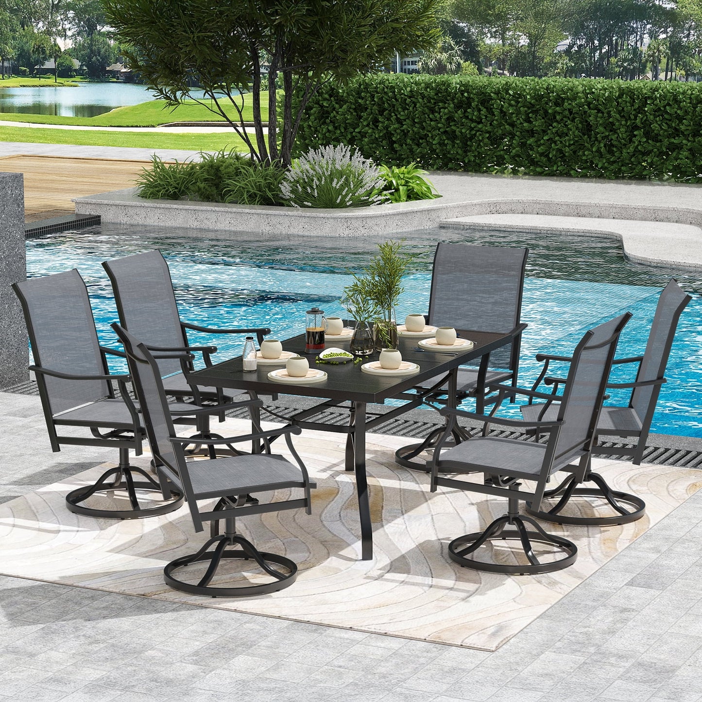 STARY Outdoor Dining Set for 6, 7 Piece Patio Table and Chairs Set, 6 x Swivel Dining Chairs with Textilene Fabric and 60"x35" Outdoor Table with 1.57" Umbrella Hole for Backyard, Poolside