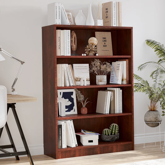 STARY 4-Tier Bookcase, Wooden Bookcase with Adjustable Shelves for Home, Office, Cherry