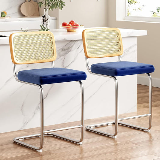 STARY Counter Height Bar Stools Set of 2, Upholstered Velvet Barstools with Rattan Back, 24 inch Stools Armless Bar Chairs for Kitchen Island(Royal Blue)