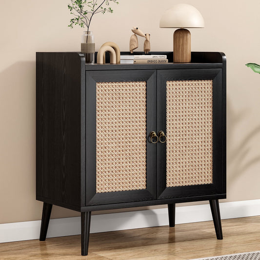 STARY Sideboard Buffet Bar Cabinets with Decorated Rattan Doors (Black)